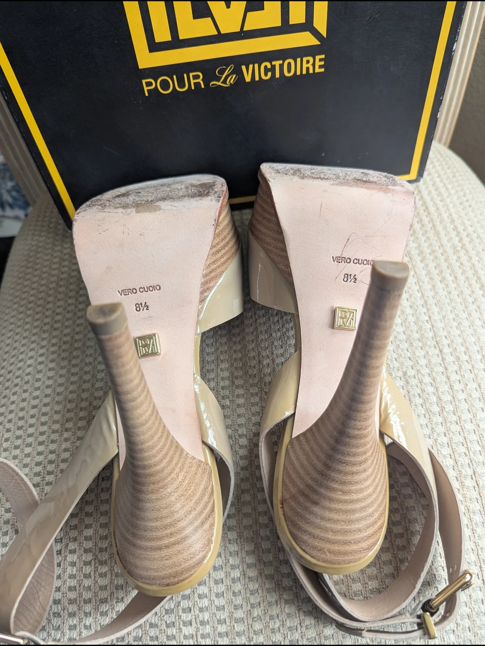 Pour La Victoire Beige Patent Platform Sandal with Ankle Strap